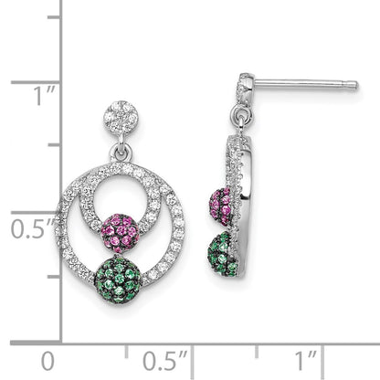Sterling Silver Brilliant Embers Rhodium-Plated 152 Stone Multi Micro Pav Green Red And White Cz Circle Dangle Post Earrings