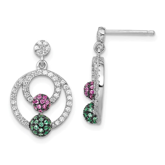 Sterling Silver Brilliant Embers Rhodium-Plated 152 Stone Multi Micro Pav Green Red And White Cz Circle Dangle Post Earrings