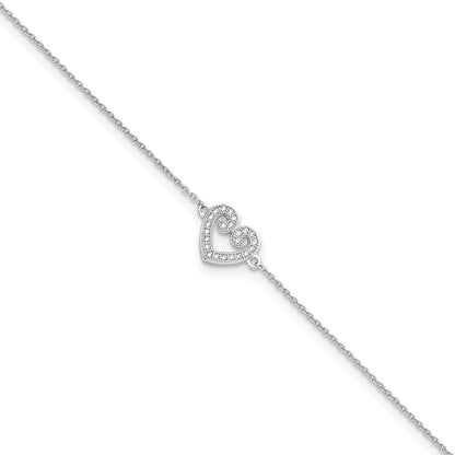 Sterling Silver Brilliant Embers Rhodium-Plated 23 Stone 9 Inch Micro Pav Cz Heart Anklet With 1 Extender