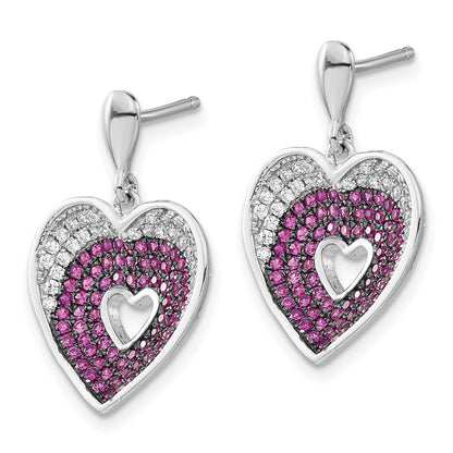 Sterling Silver Brilliant Embers Rhodium-Plated Pink & Clear Cz Heart Post Dangle Earrings