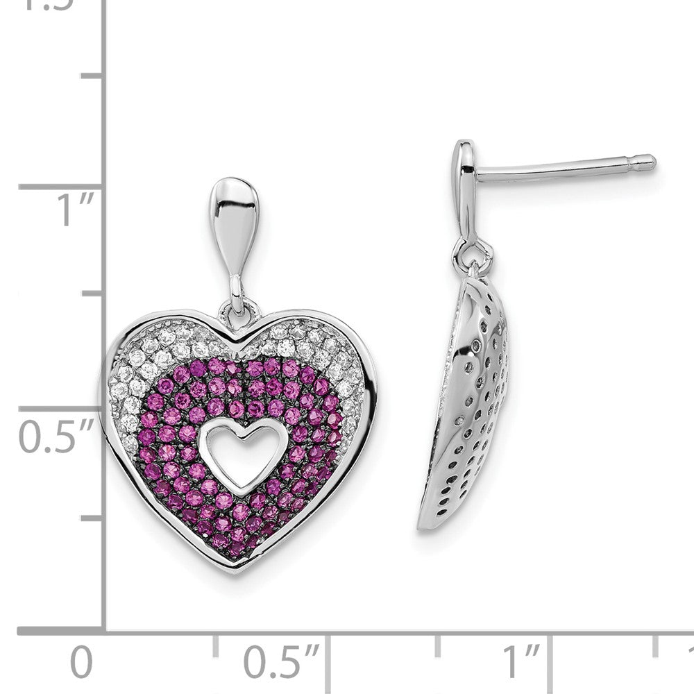Sterling Silver Brilliant Embers Rhodium-Plated Pink & Clear Cz Heart Post Dangle Earrings