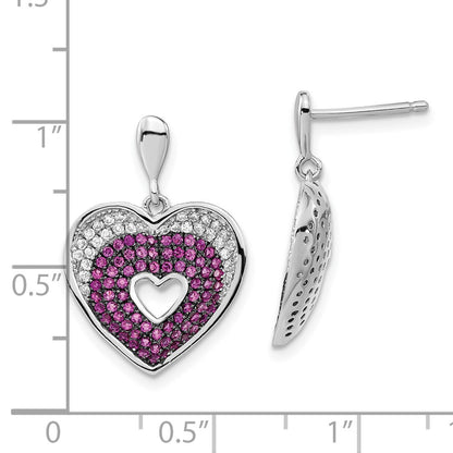 Sterling Silver Brilliant Embers Rhodium-Plated Pink & Clear Cz Heart Post Dangle Earrings