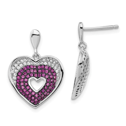 Sterling Silver Brilliant Embers Rhodium-Plated Pink & Clear Cz Heart Post Dangle Earrings