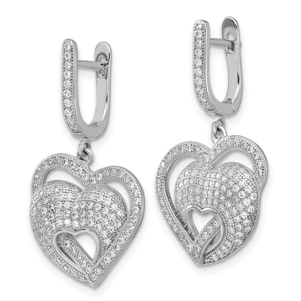 Sterling Silver Brilliant Embers Cz Hearts Hinged Post Dangle Earrings