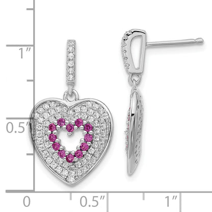 Sterling Silver Brilliant Embers Pink & Clear Cz Heart Dangle Post Earrings