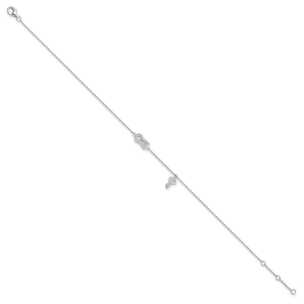 Sterling Silver Brilliant Embers Rhodium-Plated 30 Stone 9 Inch Micro Pav Cz Lock Key Anklet With 1 Extender