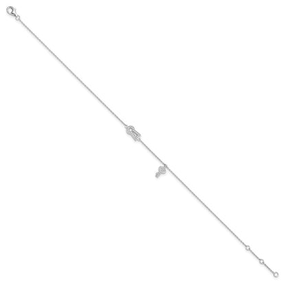 Sterling Silver Brilliant Embers Rhodium-Plated 30 Stone 9 Inch Micro Pav Cz Lock Key Anklet With 1 Extender