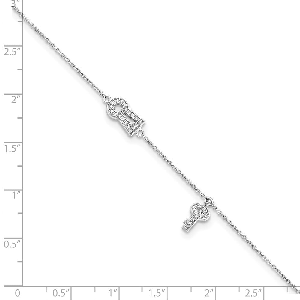 Sterling Silver Brilliant Embers Rhodium-Plated 30 Stone 9 Inch Micro Pav Cz Lock Key Anklet With 1 Extender