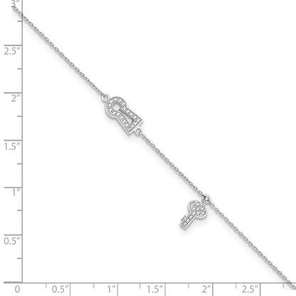 Sterling Silver Brilliant Embers Rhodium-Plated 30 Stone 9 Inch Micro Pav Cz Lock Key Anklet With 1 Extender