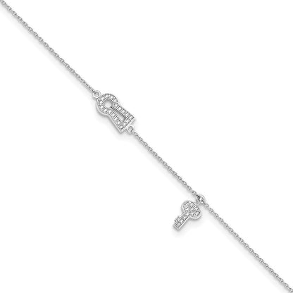 Sterling Silver Brilliant Embers Rhodium-Plated 30 Stone 9 Inch Micro Pav Cz Lock Key Anklet With 1 Extender