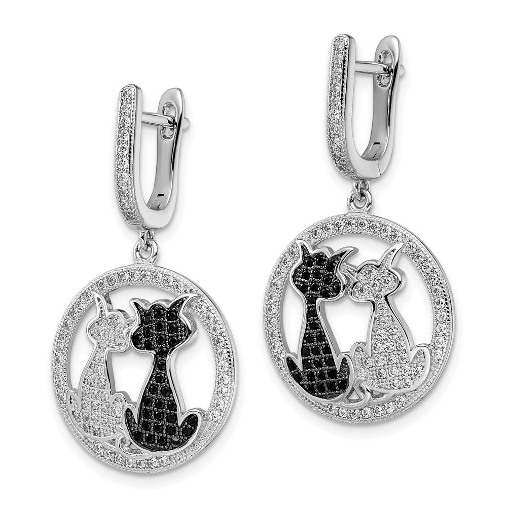 Sterling Silver Brilliant Embers Rhodium-Plated 194 Stone Black And White Cz Cat Dangle Hinged Hoop Earrings