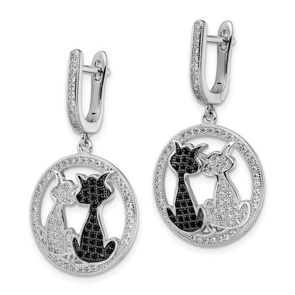 Sterling Silver Brilliant Embers Rhodium-Plated 194 Stone Black And White Cz Cat Dangle Hinged Hoop Earrings