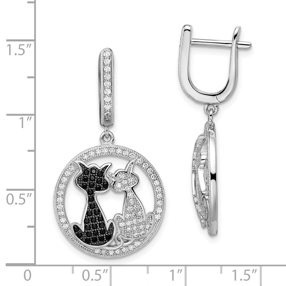 Sterling Silver Brilliant Embers Rhodium-Plated 194 Stone Black And White Cz Cat Dangle Hinged Hoop Earrings