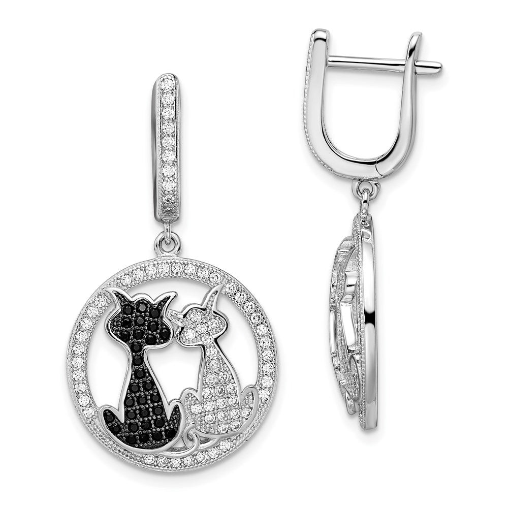 Sterling Silver Brilliant Embers Rhodium-Plated 194 Stone Black And White Cz Cat Dangle Hinged Hoop Earrings