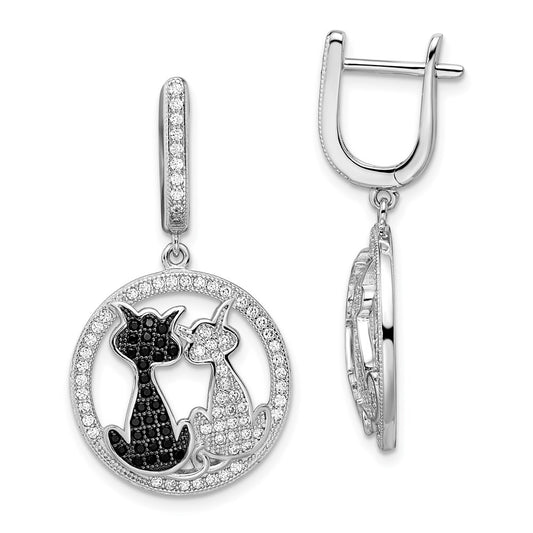 Sterling Silver Brilliant Embers Rhodium-Plated 194 Stone Black And White Cz Cat Dangle Hinged Hoop Earrings