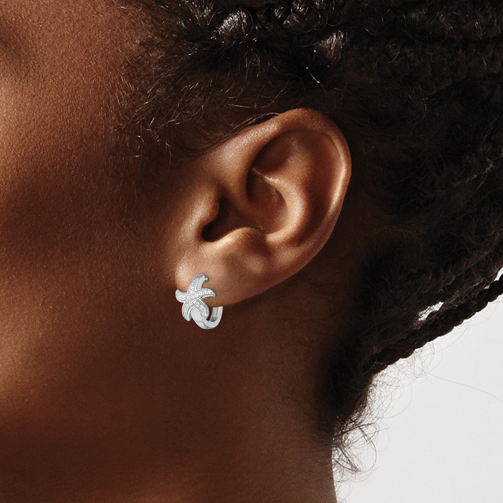 Sterling Silver Brilliant Embers Rhodium-Plated 44 Stone Micro Pav Cz Starfish Hinged Hoop Earrings