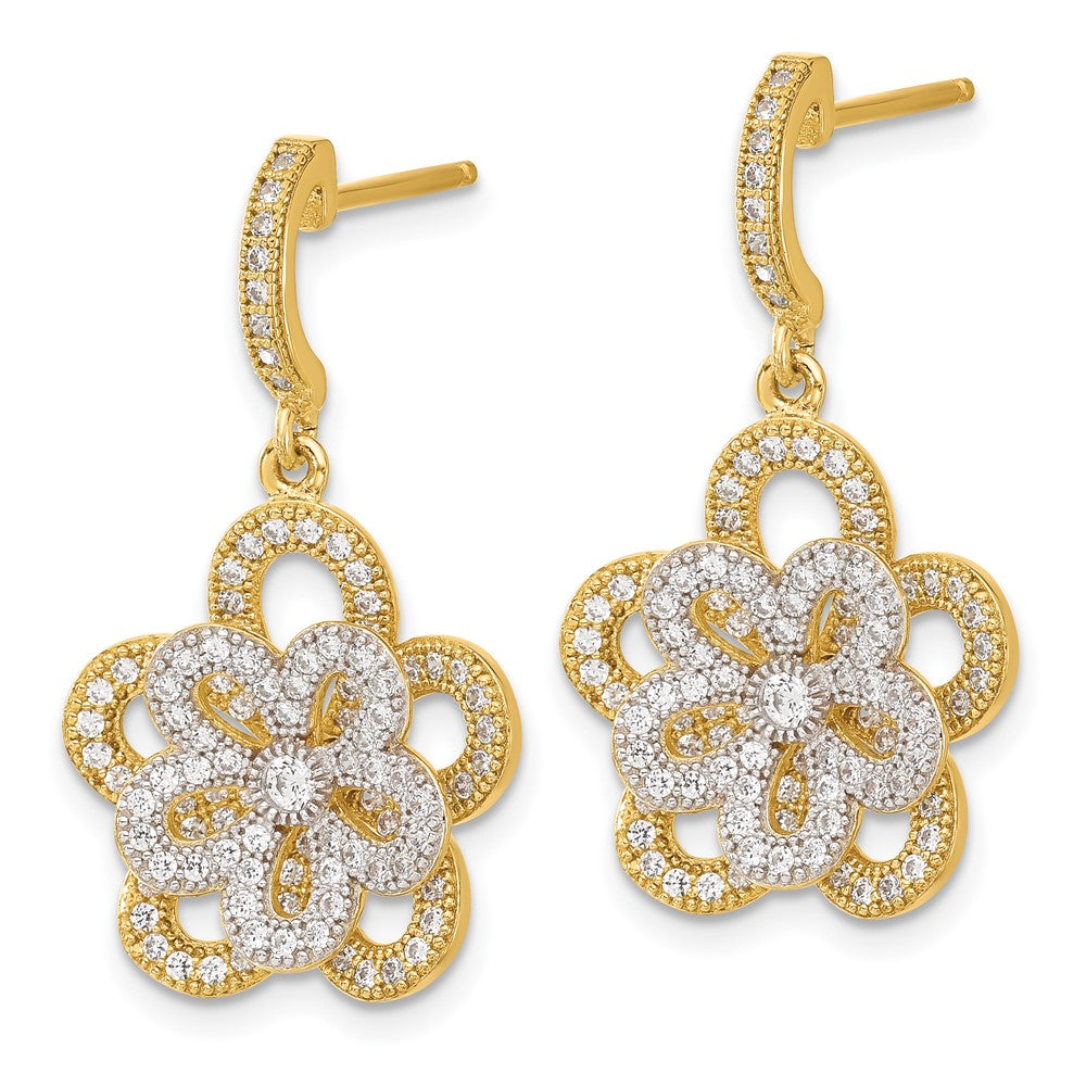Ss/Gold Plated Sterling Silver & Gold-Plated Cz Flower Dangle Post Earrings