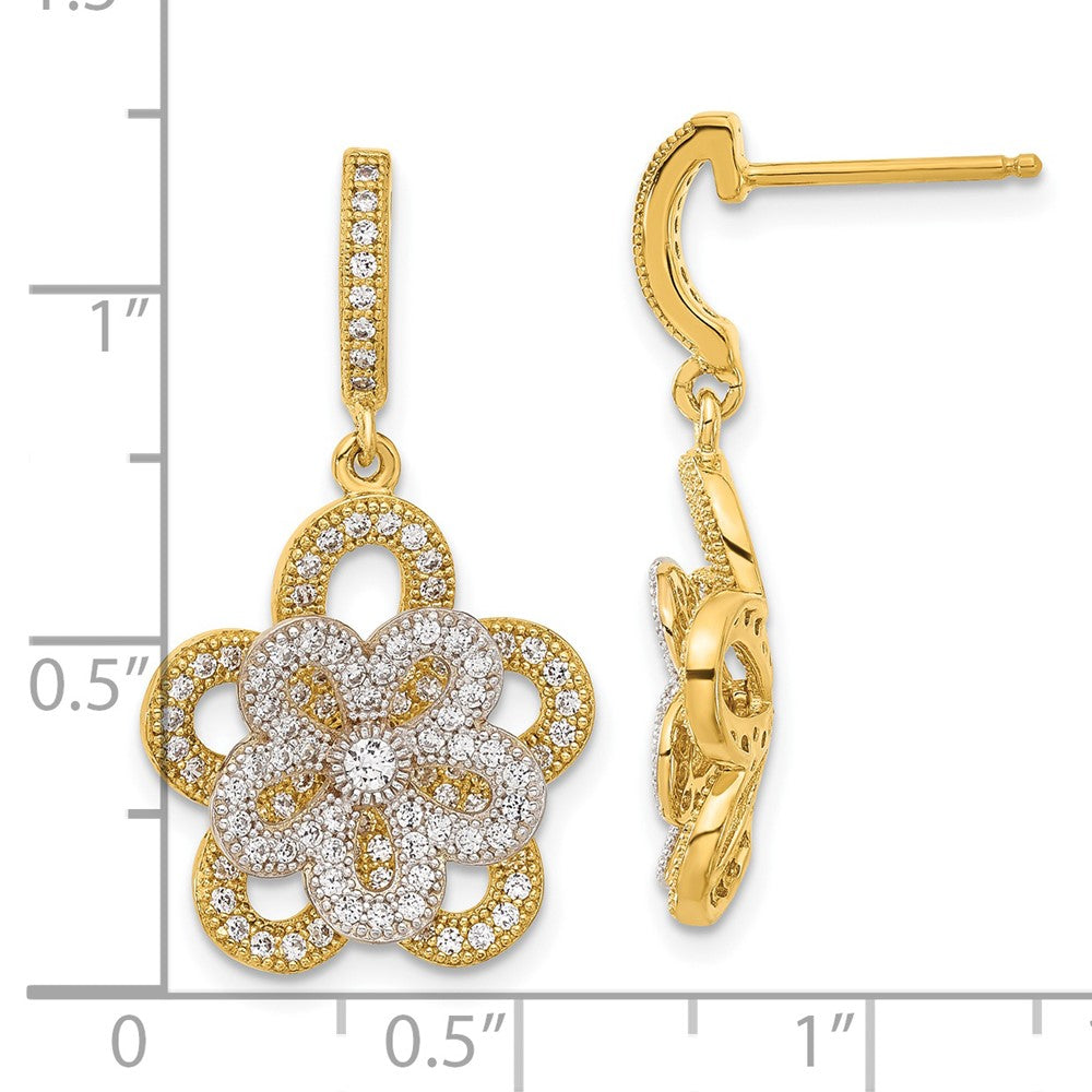 Ss/Gold Plated Sterling Silver & Gold-Plated Cz Flower Dangle Post Earrings