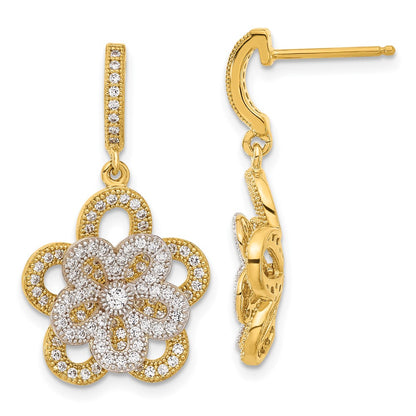 Ss/Gold Plated Sterling Silver & Gold-Plated Cz Flower Dangle Post Earrings