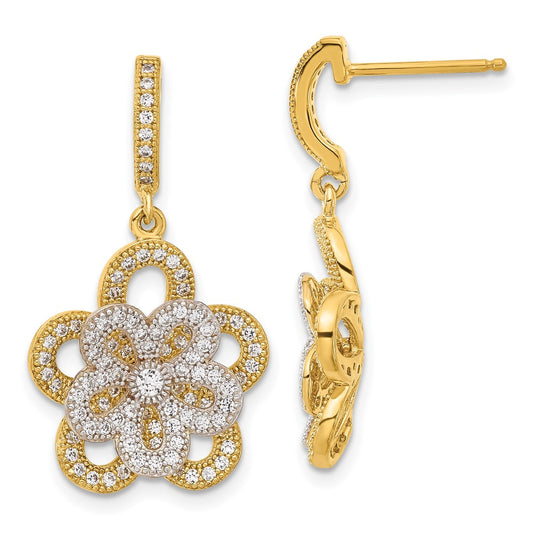 Ss/Gold Plated Sterling Silver & Gold-Plated Cz Flower Dangle Post Earrings