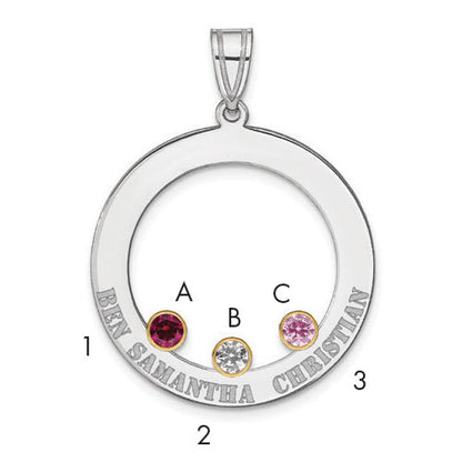Sterling Silver Ss/Rhod-Plated 3 Birthstone Circle With 14K Bezel Family Pendant