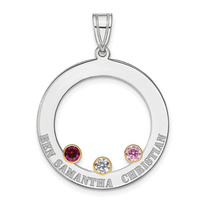 Sterling Silver Ss/Rhod-Plated 3 Birthstone Circle With 14K Bezel Family Pendant