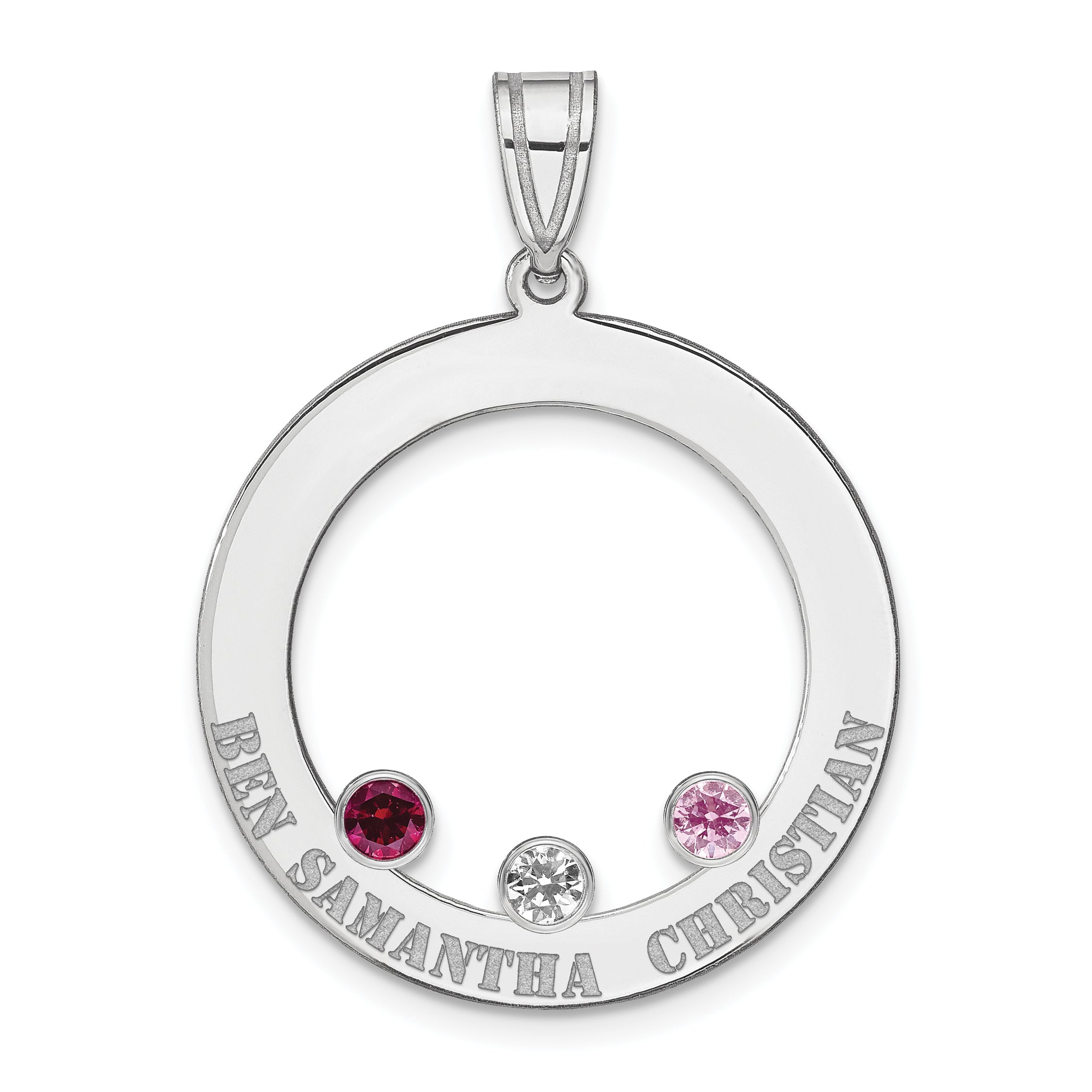 Sterling Silver Ss/Rhodium-Plated 3 Birthstone Circle With Ss Bezel Family Pendant