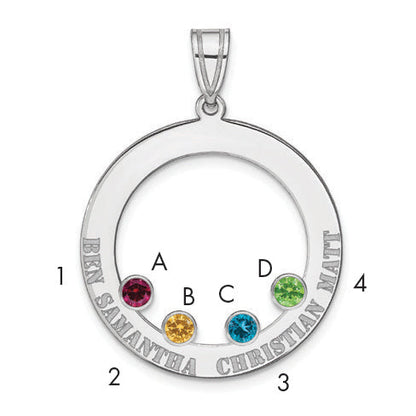 Sterling Silver Ss/Rhodium-Plated 4 Birthstone Circle With Ss Bezel Family Pendant