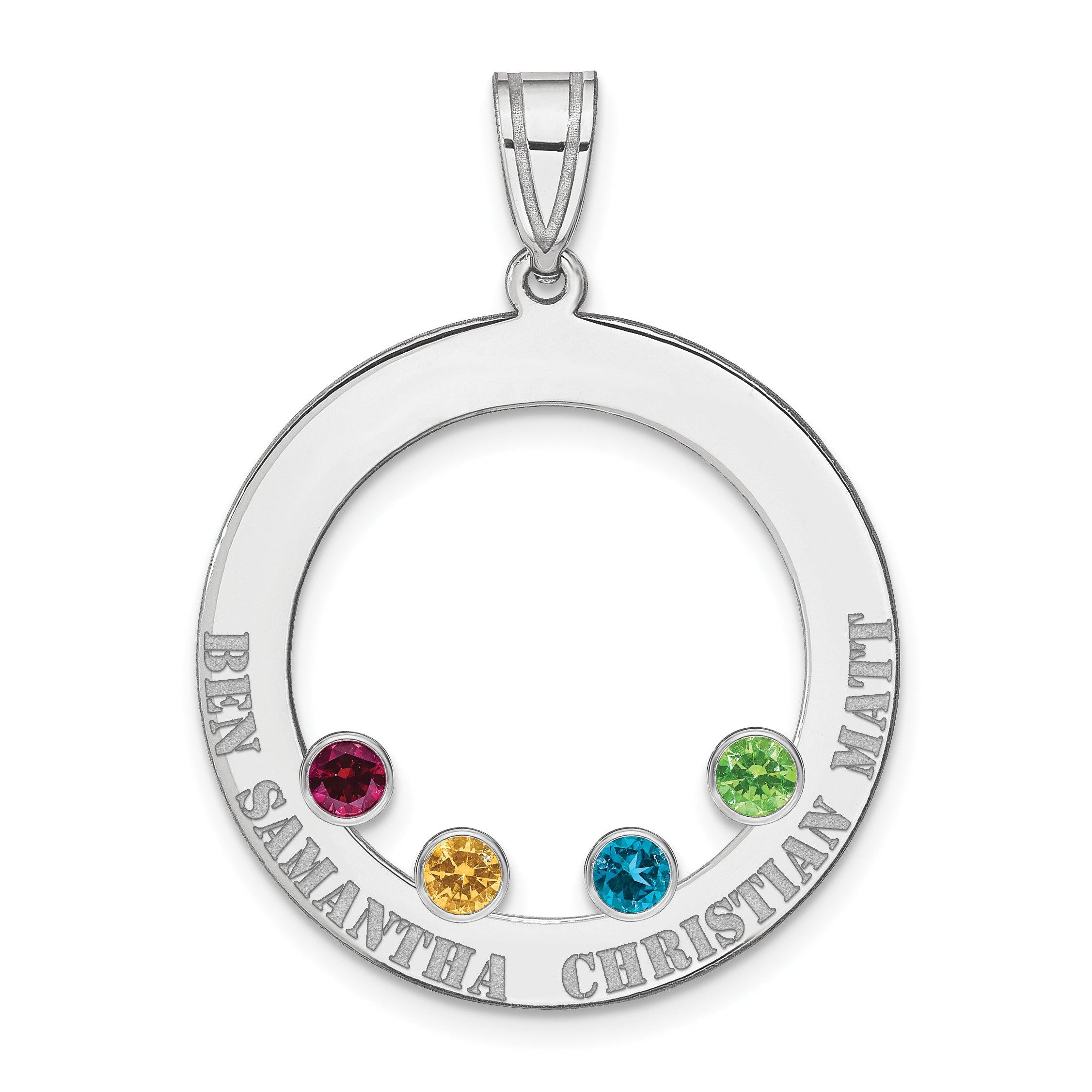Sterling Silver Ss/Rhodium-Plated 4 Birthstone Circle With Ss Bezel Family Pendant