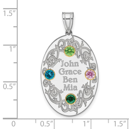 Sterling Silver Rhodium-Plated/14K Bezel Crystal Family Pendant