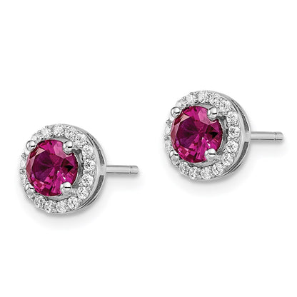 Sterling Silver Brilliant Embers Rhodium Plated 34 Stone Cz And Red Corundum Post Stud Halo Earrings