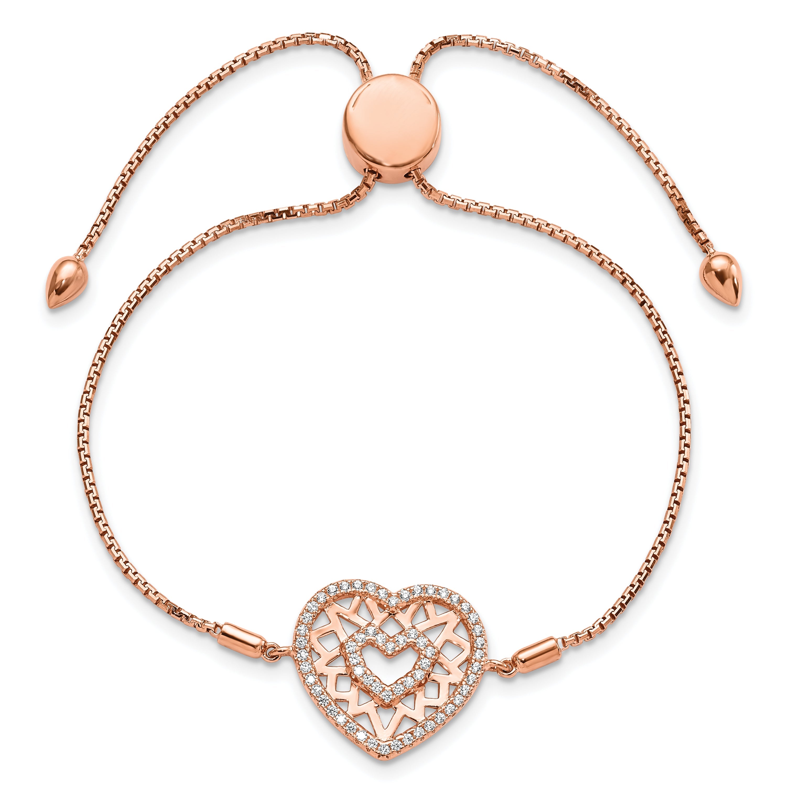 Sterling Silver Brilliant Embers Rose-Tone Flash Rose Gold-Plated 60 Stone Filigree Cz Heart Adjustable Bracelet