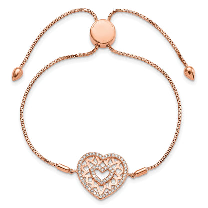 Sterling Silver Brilliant Embers Rose-Tone Flash Rose Gold-Plated 60 Stone Filigree Cz Heart Adjustable Bracelet