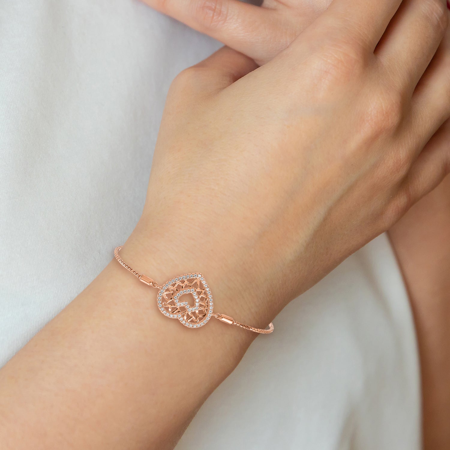 Sterling Silver Brilliant Embers Rose-Tone Flash Rose Gold-Plated 60 Stone Filigree Cz Heart Adjustable Bracelet