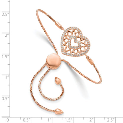 Sterling Silver Brilliant Embers Rose-Tone Flash Rose Gold-Plated 60 Stone Filigree Cz Heart Adjustable Bracelet