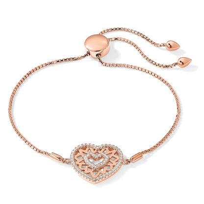 Sterling Silver Brilliant Embers Rose-Tone Flash Rose Gold-Plated 60 Stone Filigree Cz Heart Adjustable Bracelet