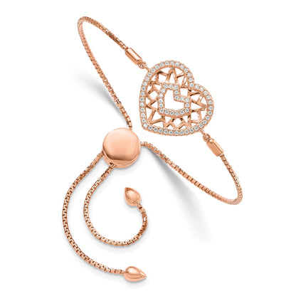 Sterling Silver Brilliant Embers Rose-Tone Flash Rose Gold-Plated 60 Stone Filigree Cz Heart Adjustable Bracelet