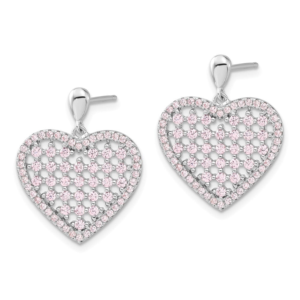 Sterling Silver Brilliant Embers Pink Cz Heart Post Dangle Earrings
