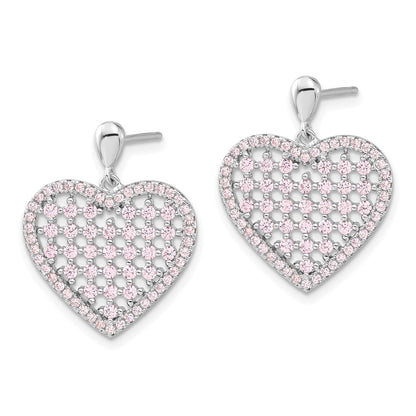Sterling Silver Brilliant Embers Pink Cz Heart Post Dangle Earrings