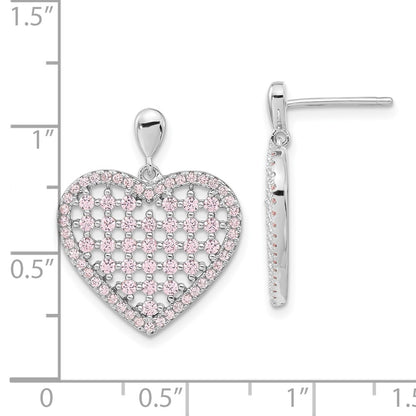 Sterling Silver Brilliant Embers Pink Cz Heart Post Dangle Earrings