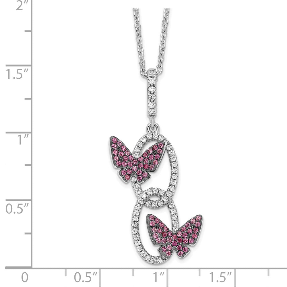 Sterling Silver Brilliant Embers Rhodium-Plated 18 Inch White Cz Ovals With Red Butterflies Necklace 2 Extender