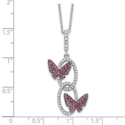 Sterling Silver Brilliant Embers Rhodium-Plated 18 Inch White Cz Ovals With Red Butterflies Necklace 2 Extender