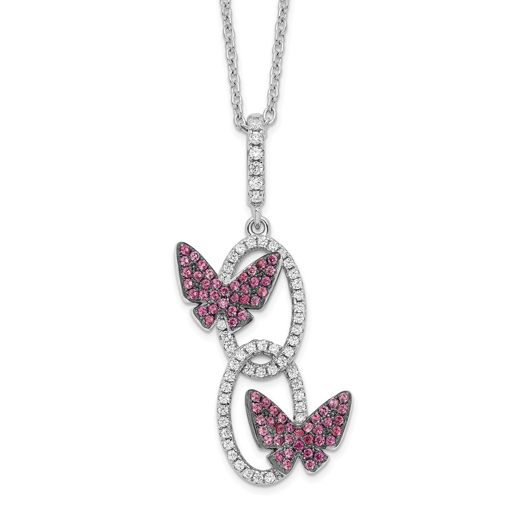 Sterling Silver Brilliant Embers Rhodium-Plated 18 Inch White Cz Ovals With Red Butterflies Necklace 2 Extender