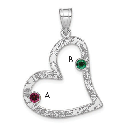 Sterling Silver Ss/Rhodium-Plated 2 Birthstone Heart With Ss Bezel Family Pendant