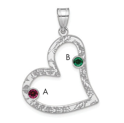 Sterling Silver Ss/Rhodium-Plated 2 Birthstone Heart With Ss Bezel Family Pendant