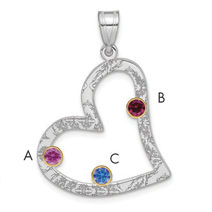 Sterling Silver Ss/Rhod-Plated 3 Birthstone Heart With 14K Bezel Family Pendant