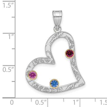 Sterling Silver Ss/Rhod-Plated 3 Birthstone Heart With 14K Bezel Family Pendant