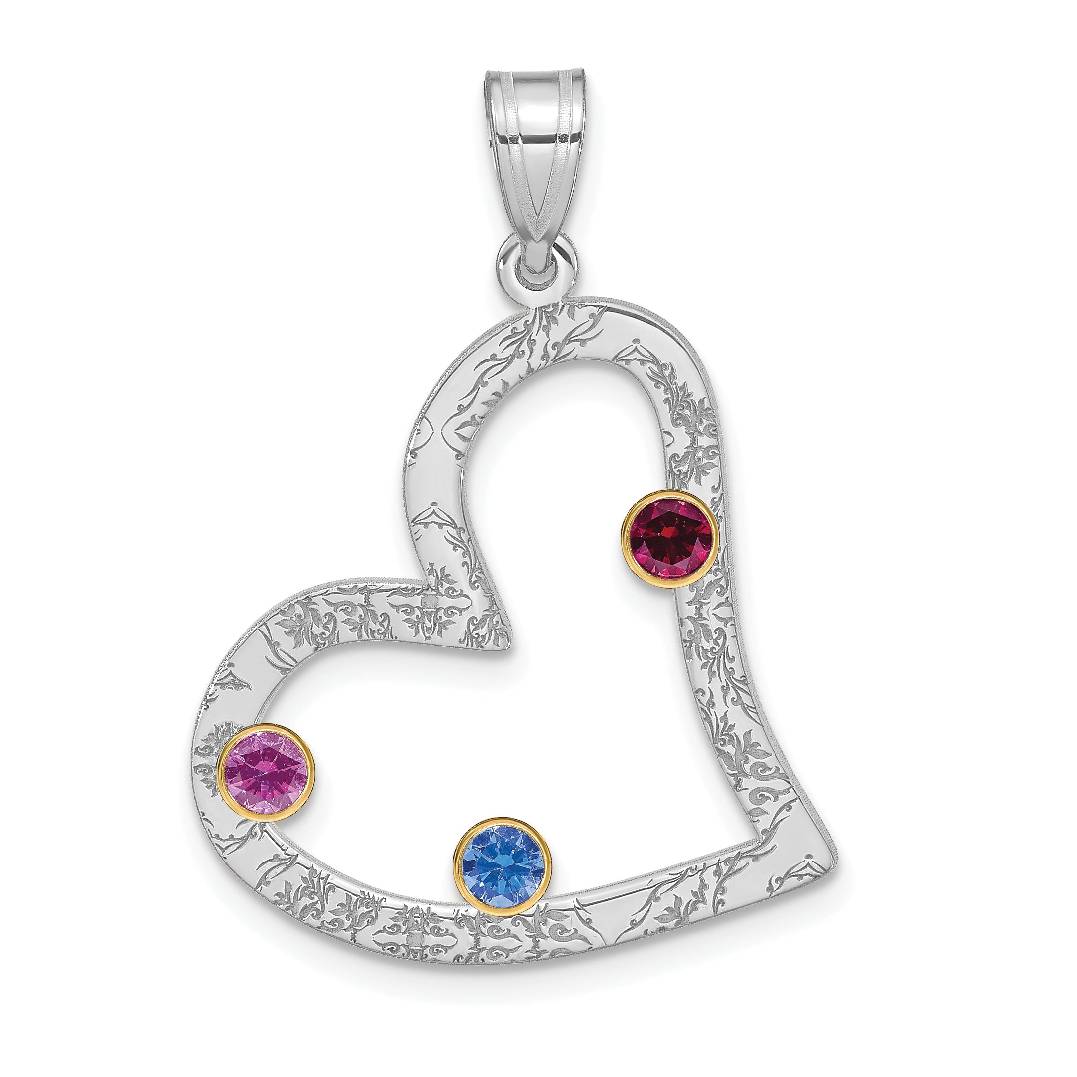 Sterling Silver Ss/Rhod-Plated 3 Birthstone Heart With 14K Bezel Family Pendant
