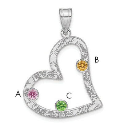 Sterling Silver Ss/Rhodium-Plated 3 Birthstone Heart With Ss Bezel Family Pendant