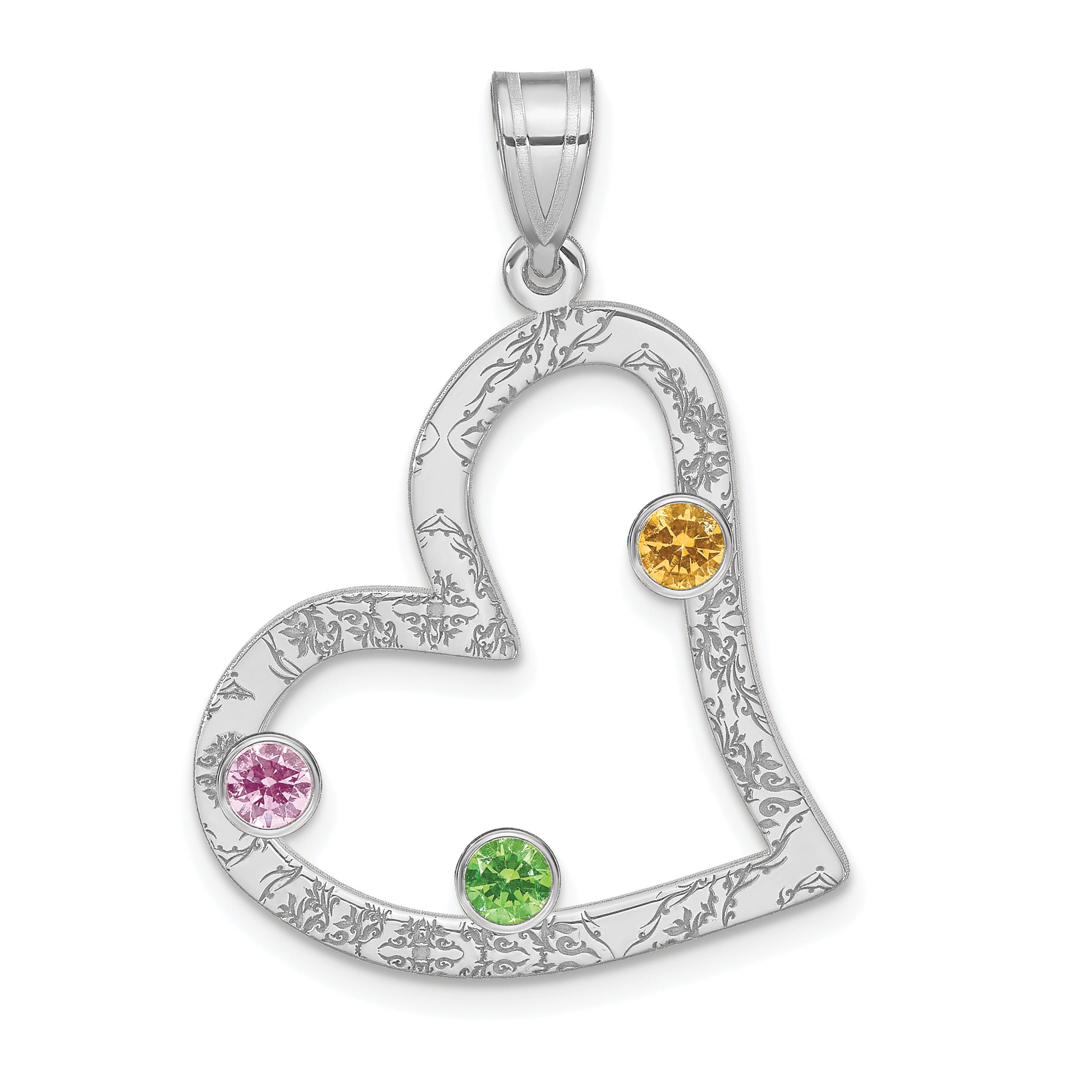 Sterling Silver Ss/Rhodium-Plated 3 Birthstone Heart With Ss Bezel Family Pendant